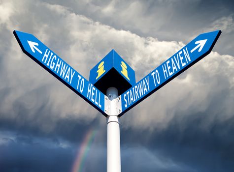 Street post with hell and heaven way signs