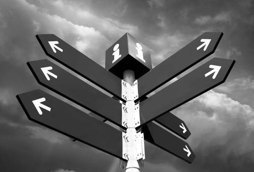 Blank directional road signs over cloudy sky
