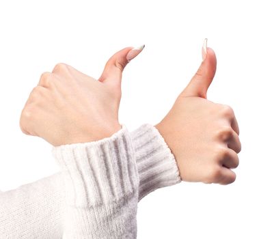 Body part, two tumbs up over white background