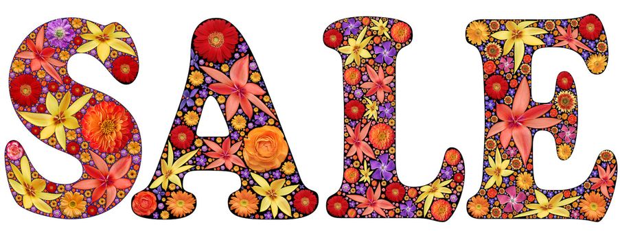 Word sale written by font painted with flowers isolated on white