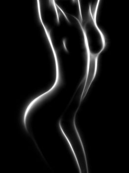 Naked woman painted by soft glowing lines