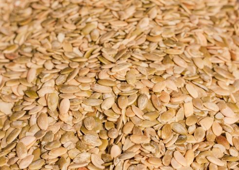 Close up of organic pumkin seeds / kernels. Background.