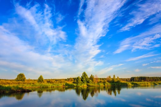 Sky And Clouds Reflection On Lake River