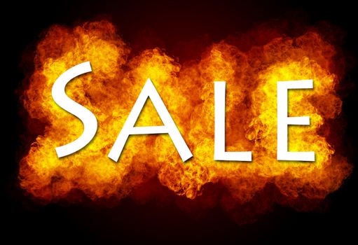 Word SALE on fire background