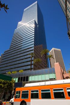 Downtown LA Los Angeles skyline California with traffic on streets