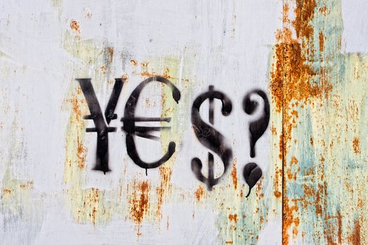 Wall with texture and currency dollar, euro and yen signs graffiti with qustion mark on it