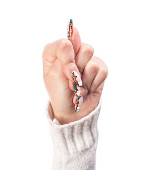 Woman hand show the fig isolated white background
