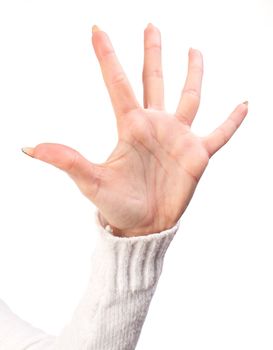 Open woman hand isolated on white background