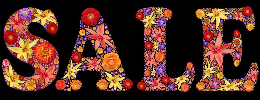 Word sale written by font painted with flowers isolated on black