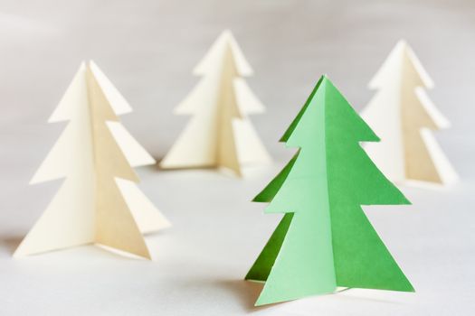 Christmas Tree Made Of Paper. White And Unique Green Trees.