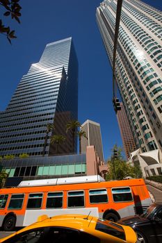 Downtown LA Los Angeles skyline California with traffic on streets