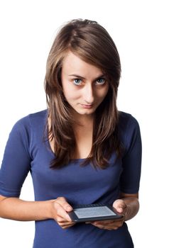 Young woman reading e-book device