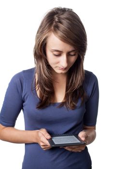 Young woman reading e-book device