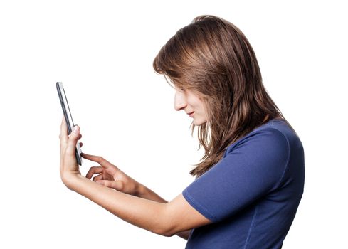 Young woman reading e-book device