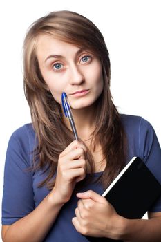 student with a pen and a notebook on a white background