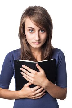 Education. Female student  holds a notebook  on a white background