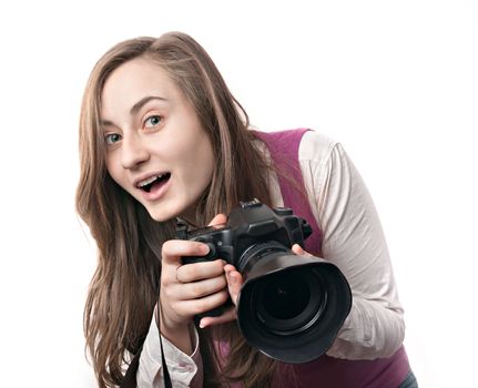 Young woman photographer isolated on white background