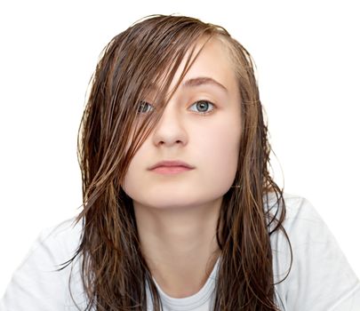 Girl's face with wet long hair