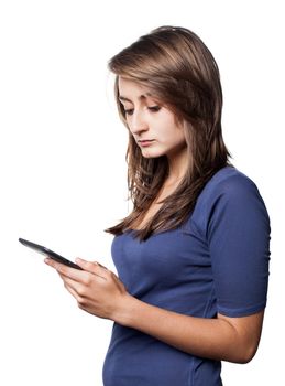 Young woman reading e-book device