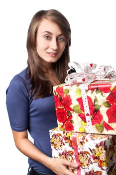 happy young woman holding a gift box