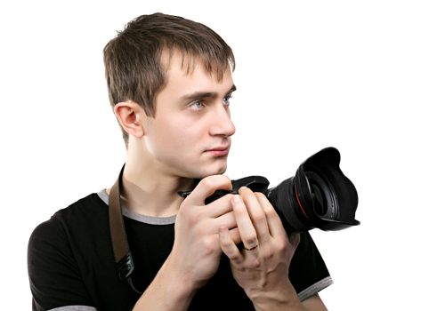  young photographer isolated on white background