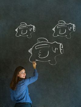 Businesswoman, student or teacher with chalk piggie banks  concept blackboard background