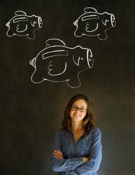 Businesswoman, student or teacher with chalk piggie banks  concept blackboard background