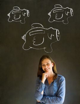 Businesswoman, student or teacher with chalk piggie banks  concept blackboard background