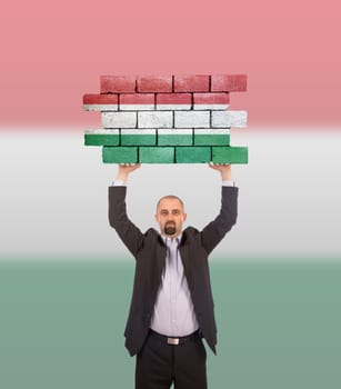 Businessman holding a large piece of a brick wall, flag of Hungary, isolated on national flag