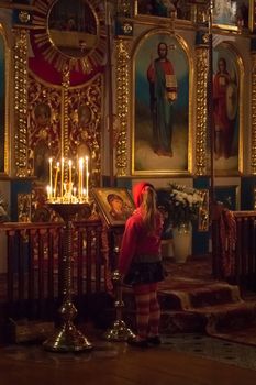 GOMEL - MAY 4: Little Girl Pray At Easter In Front Of The Icon In Belarusian Orthodox Church On May 4, 2013 In Gomel, Belarus