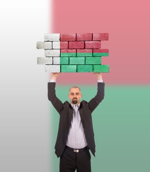 Businessman holding a large piece of a brick wall, flag of Madegascar, isolated on national flag