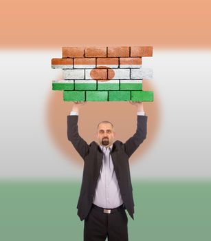 Businessman holding a large piece of a brick wall, flag of Niger, isolated on national flag