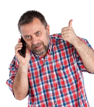 Smiling middle-aged man speaks on a mobile phone and gesturing. Isolated on white