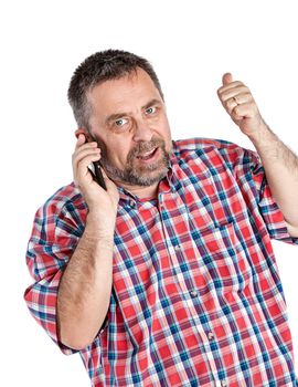 Happy middle-aged man speaks on a mobile phone and gesturing. Isolated on white