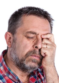 Middle age man suffering from a headache. Isolated on white