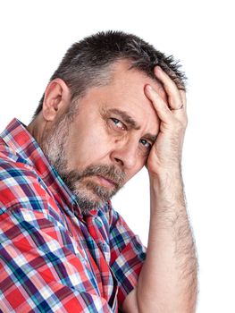 Portrait of a thoughtful middle age man with hand near the face. Isolated on white