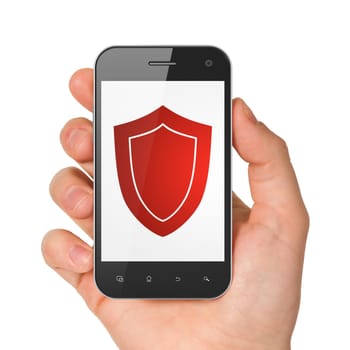 Protection concept: hand holding smartphone with Shield on display. Generic mobile smart phone in hand on White background.