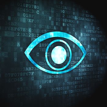 Privacy concept: pixelated Eye icon on digital background, 3d render