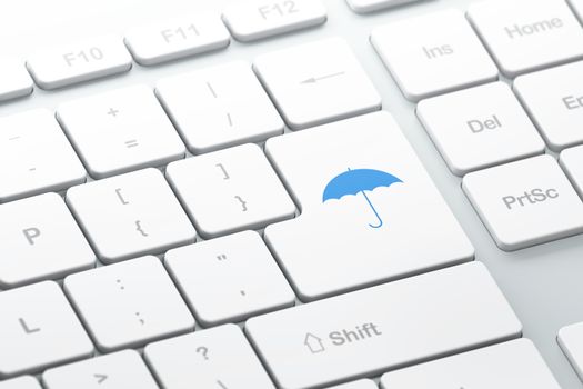 Safety concept: enter button with Umbrella on computer keyboard, 3d render, selected focus