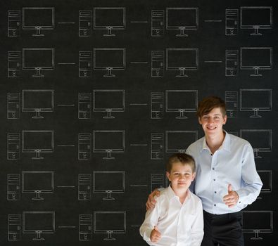 Boy and Teacher with chalk networks on blackboard background