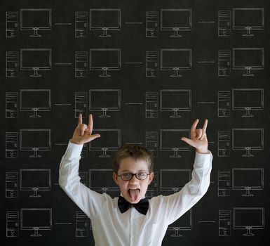 Thinking boy with chalk networks on blackboard background