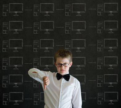 Thumbs down boy with chalk networks on blackboard background