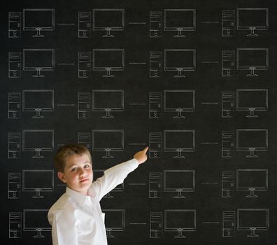 Pointing boy with chalk networks on blackboard background