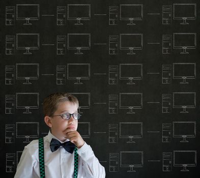 Thinking boy with chalk networks on blackboard background