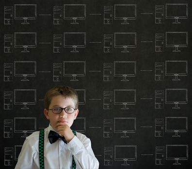 Thinking boy with chalk networks on blackboard background