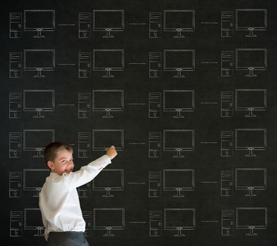 Pointing boy with chalk networks on blackboard background