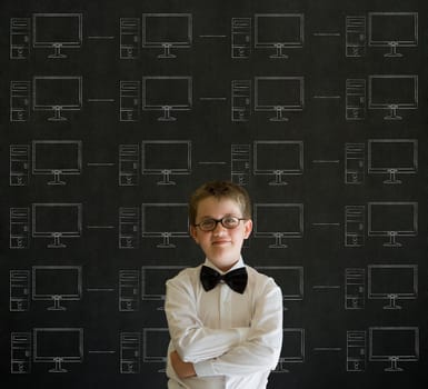 Arms crossed boy with chalk networks on blackboard background