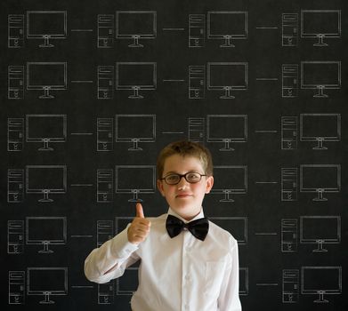 Thumbs up boy with chalk networks on blackboard background