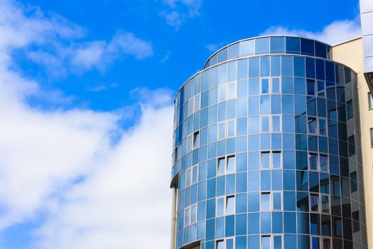 View To Steel Blue Glass High Rise Building Skyscraper, Business Concept Of Successful Industrial Architecture