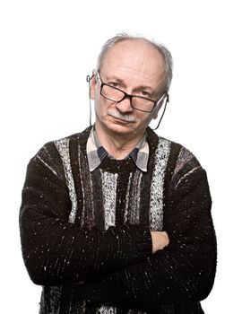 Portrait of an elderly man wearing glasses and a jacket on a white background